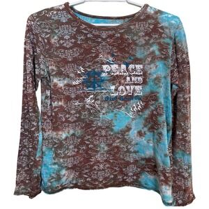 Girl Scouts Peace Love Tie Dye Long Sleeve Shirt M Sheer Burnout Brown Blue Y2K